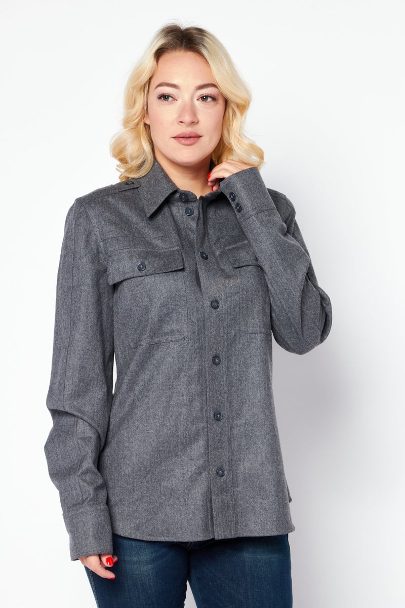 STELLA MCCARTNEY Women Pointed Collar Long Sleeve Heather Shirt, Grey  - Image 1