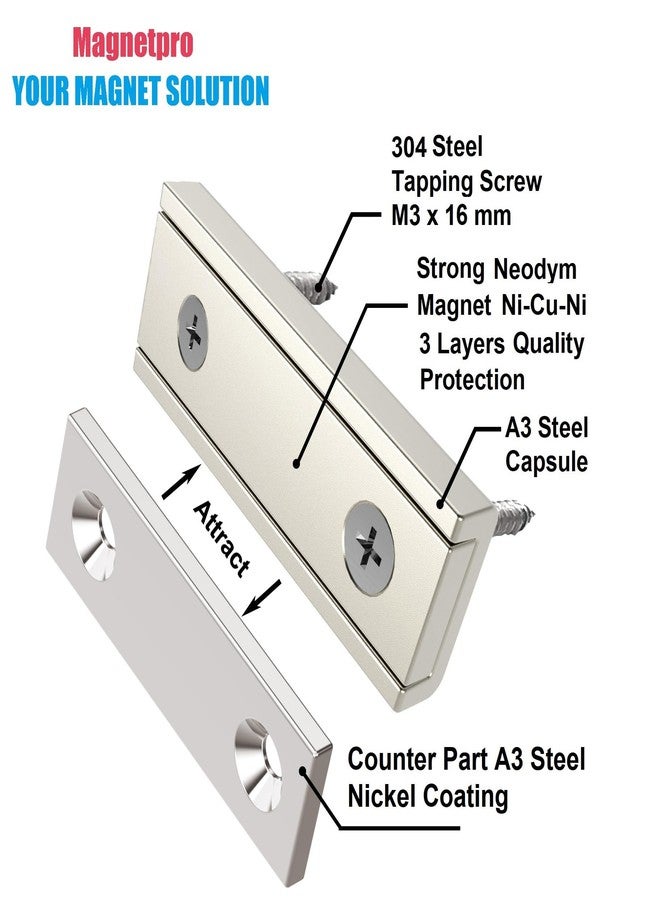 Magnetpro 6 Pieces Neodymium Rectangular Magnets 45 lb Force 40 x 13.5 x 5 mm with 6 Counterparts, Strong Household and Industrial Rare Earth Magnet with Steel Capsule and Mounting Screws - Image 2