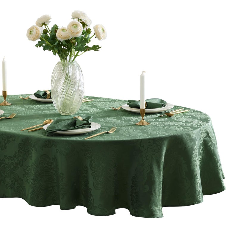 Newbridge Barcelona Damask Fabric Tablecloth 60 x 84 Inch Oval Hunter Green  No Iron Soil Resistant Table Cover for Dining Parties and Holidays