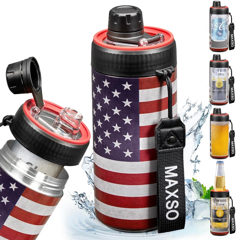 MAXSO Sealed Can Cooler Fizz Lid Can Cover for 12 oz Regular, Slim Skinny Cans & As Thermal Bottle, 4-in-1 Insulated Vacuum Stainless Steel Carbonated Cold Drink Holder - American Flag Version 2.1 - Image 1