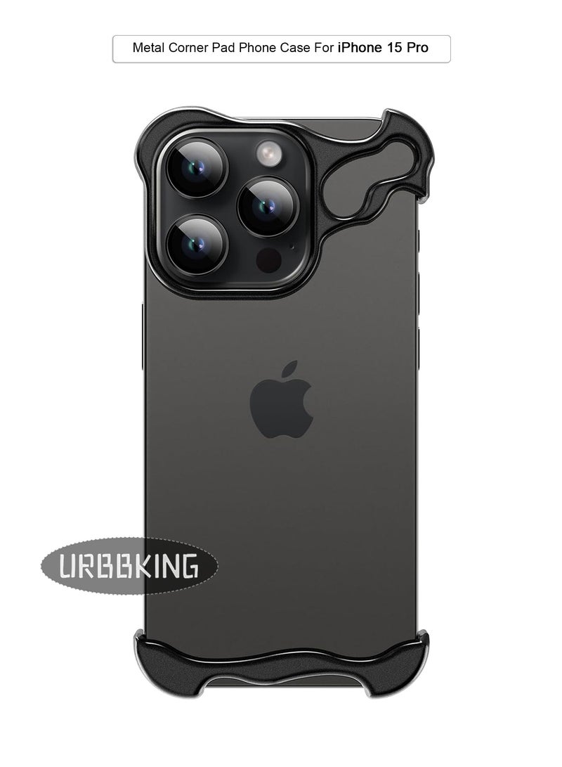 URBBKING For iPhone 15 Pro Shaped True Frameless Metal Corner Pad Phone Case Drop Proproof 15pro Case Black - Image 1