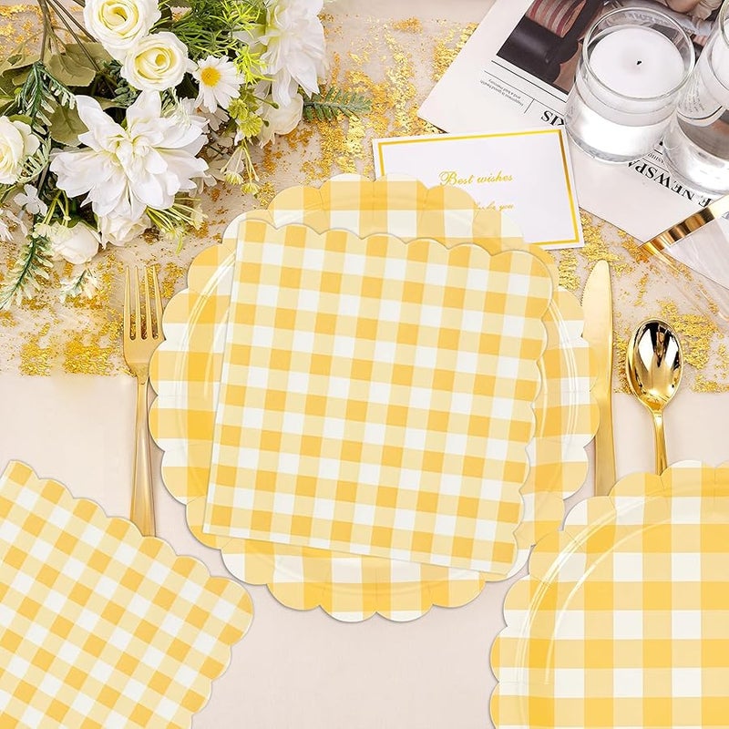 LDFDRT 40 Pcs 7inch Yellow Gingham Paper Plates & Napkins Disposable Happy Birthday Party Supplies Cake Dessert Tableware Set for 20 Guests - Image 3