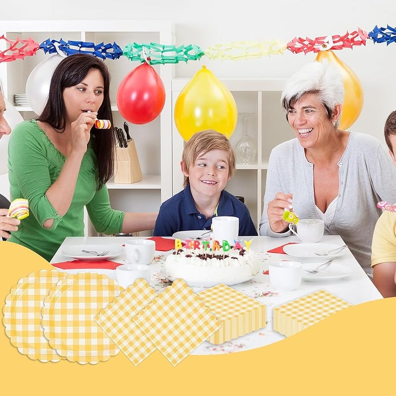 LDFDRT 40 Pcs 7inch Yellow Gingham Paper Plates & Napkins Disposable Happy Birthday Party Supplies Cake Dessert Tableware Set for 20 Guests - Image 4