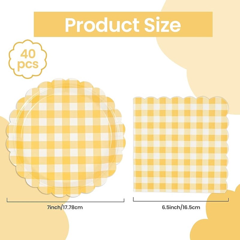 LDFDRT 40 Pcs 7inch Yellow Gingham Paper Plates & Napkins Disposable Happy Birthday Party Supplies Cake Dessert Tableware Set for 20 Guests - Image 5