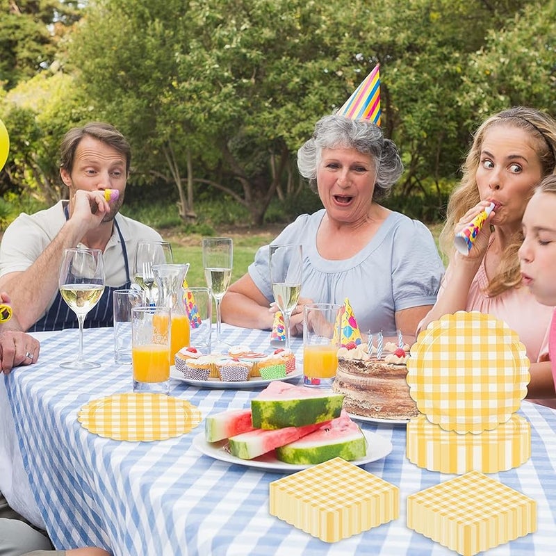 LDFDRT 40 Pcs 7inch Yellow Gingham Paper Plates & Napkins Disposable Happy Birthday Party Supplies Cake Dessert Tableware Set for 20 Guests - Image 2