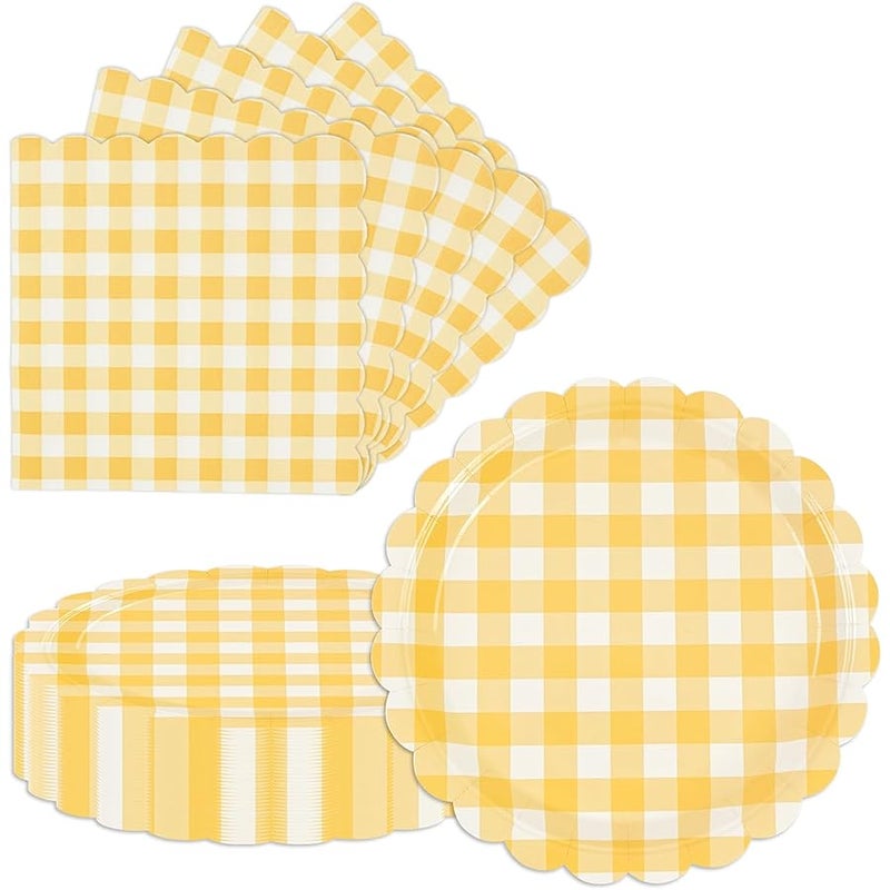LDFDRT 40 Pcs 7inch Yellow Gingham Paper Plates & Napkins Disposable Happy Birthday Party Supplies Cake Dessert Tableware Set for 20 Guests - Image 1