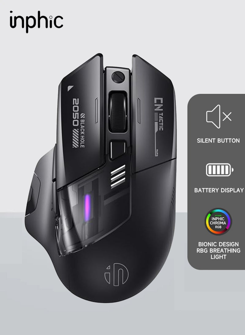 inphic Gaming Mouse with Tri-Mode 2.4G/USB-C Wired/Bluetooth, Wireless Mouse with 7 RGB Lighting,  6 Buttons 12800 Adjustable DPI Bluetooth Mouse, Type-C Charging for Laptops, PC, Computers (Wireless Black) - Image 1