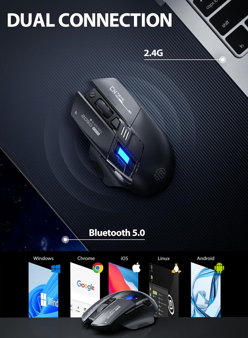 inphic Gaming Mouse with Tri-Mode 2.4G/USB-C Wired/Bluetooth, Wireless Mouse with 7 RGB Lighting,  6 Buttons 12800 Adjustable DPI Bluetooth Mouse, Type-C Charging for Laptops, PC, Computers (Wireless Black) - Image 2