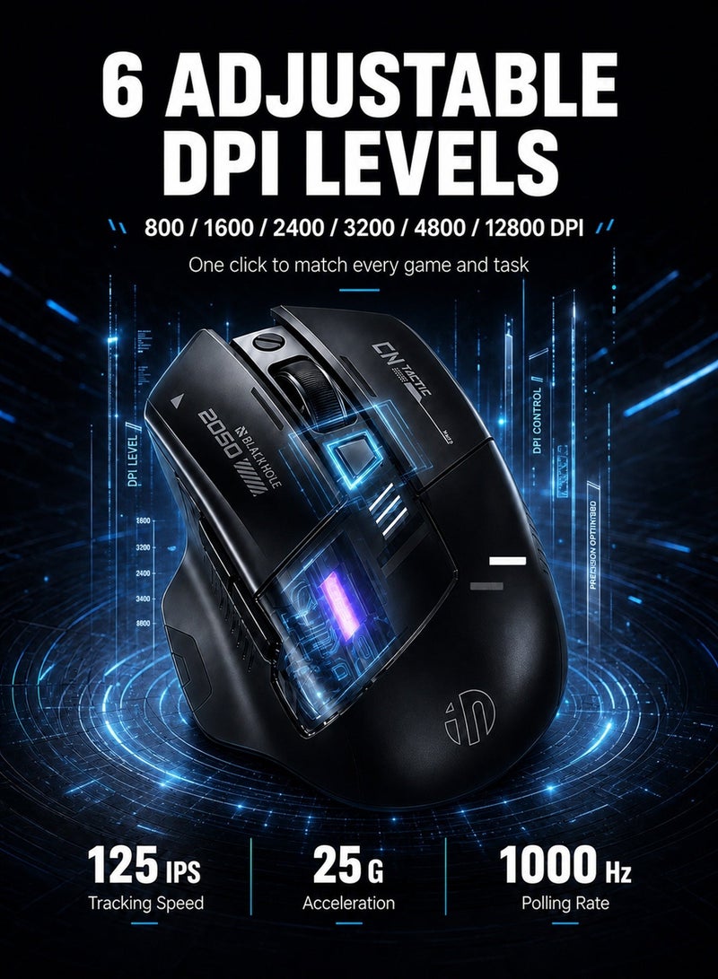 inphic Wireless Gaming Mouse with Tri-Mode 2.4G/USB-C Wired/Bluetooth, Ergonomic Wireless Mouse with 7 RGB Lighting,  6 Buttons 12800 Adjustable DPI Bluetooth Mouse, Type-C Charging for Laptops, PC, Computers (Wireless Black) - Image 4