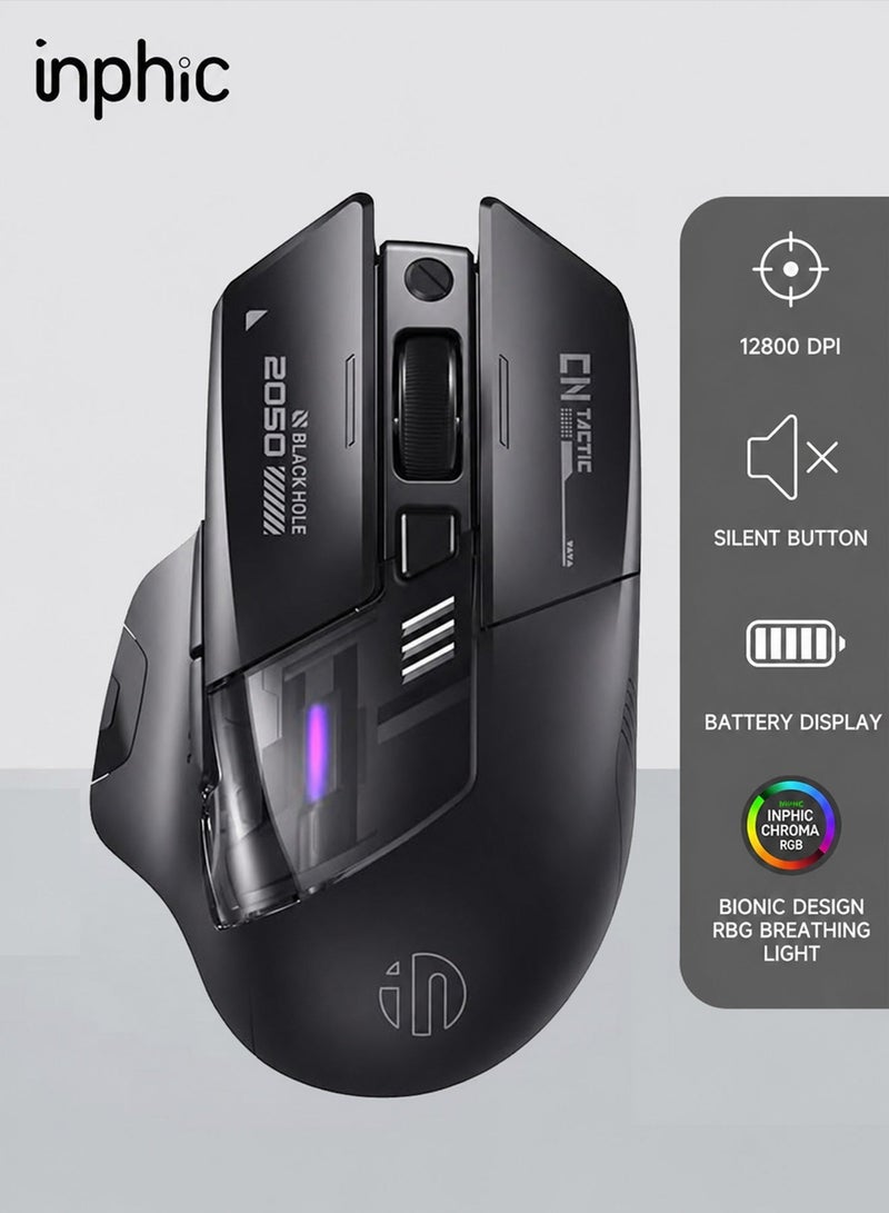 inphic Wireless Gaming Mouse with Tri-Mode 2.4G/USB-C Wired/Bluetooth, Ergonomic Wireless Mouse with 7 RGB Lighting,  6 Buttons 12800 Adjustable DPI Bluetooth Mouse, Type-C Charging for Laptops, PC, Computers (Wireless Black) - Image 1