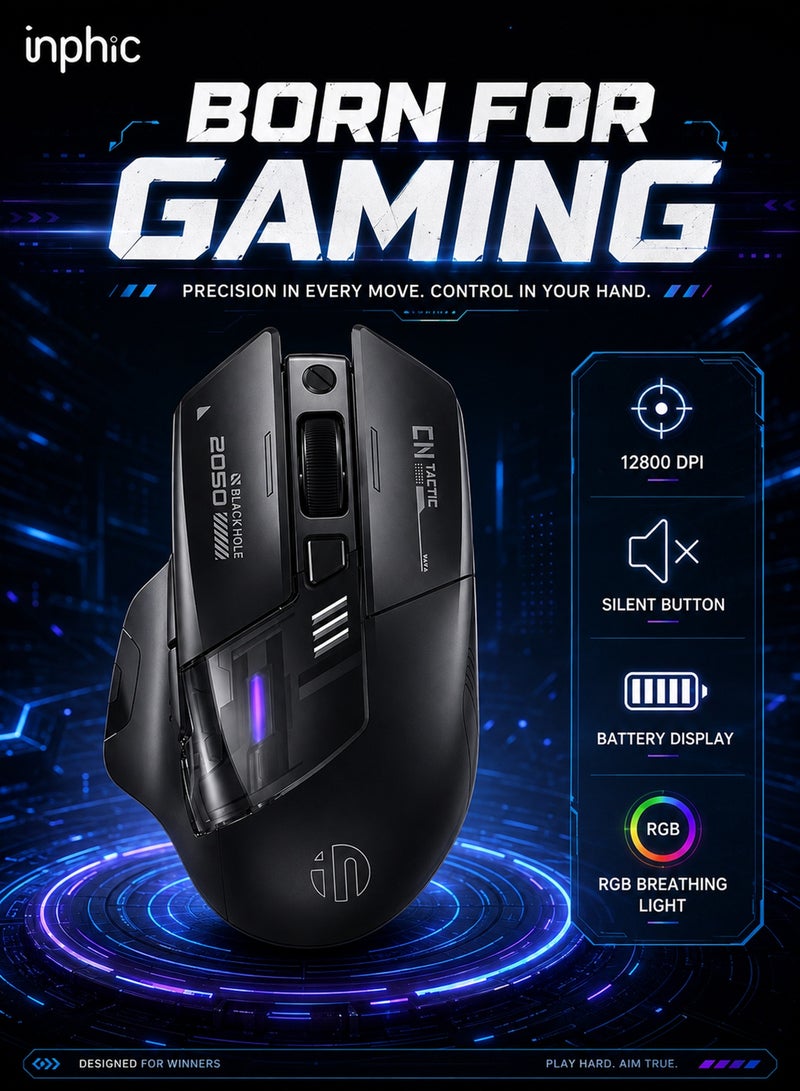 inphic Wireless Gaming Mouse with Tri-Mode 2.4G/USB-C Wired/Bluetooth, Ergonomic Wireless Mouse with 7 RGB Lighting,  6 Buttons 12800 Adjustable DPI Bluetooth Mouse, Type-C Charging for Laptops, PC, Computers (Wireless Black) - Image 1