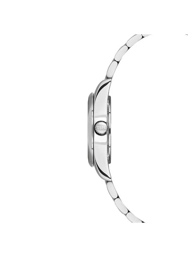 يو اس بولو اسن ساعة يد نسائية بعقارب وسوار فضي من الستانلس ستيل بقرص أزرق  مم