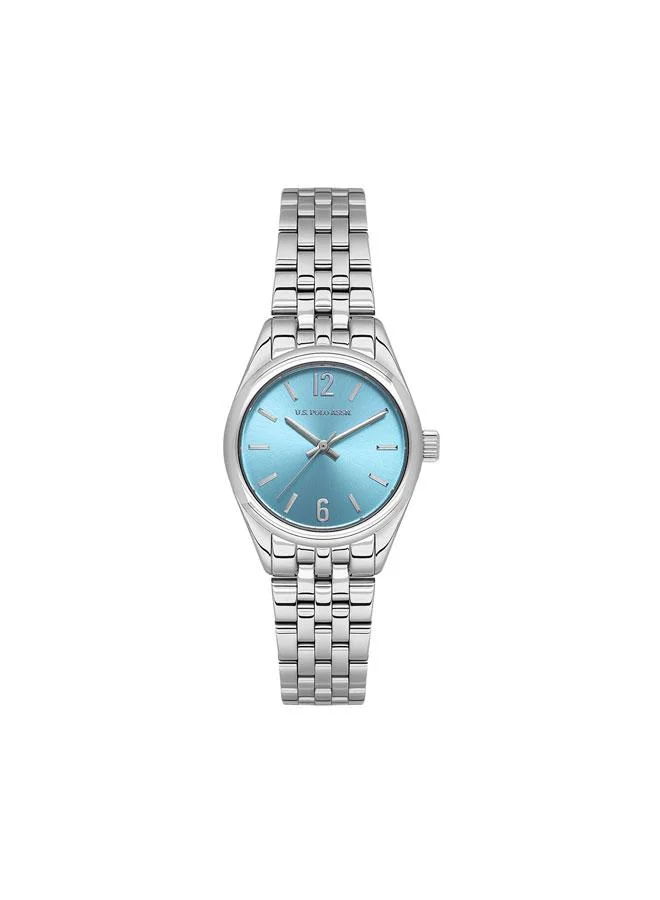 يو اس بولو اسن ساعة يد نسائية بعقارب وسوار فضي من الستانلس ستيل بقرص أزرق  مم