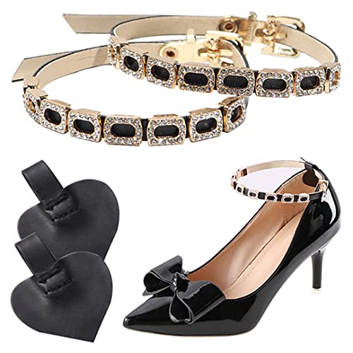 Luchike 1 Pair High Heels Ankle Straps with Self-Adhesive Heel Cushion Detachable Rhinestones Shoe Straps for Pumps Flats Stilettos Black - Image 1