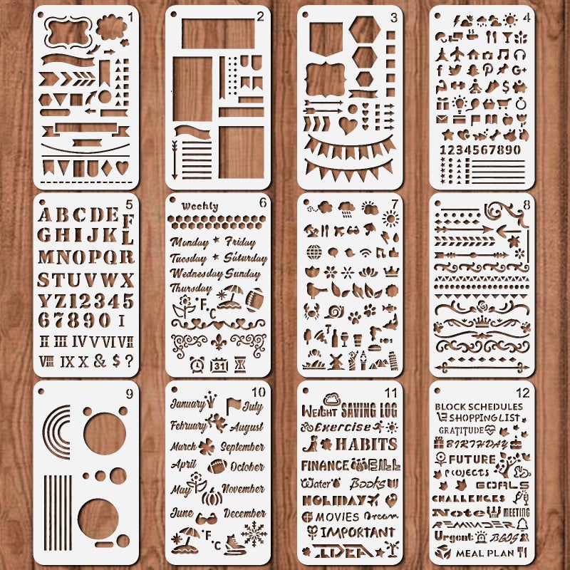 KUANSHENG Journal Stencils for Dotted Journals â€“ 12PCS Planner Accessories with Monthly/Weekly Layouts, Icons, Charts & Shapes for Journaling - Image 1