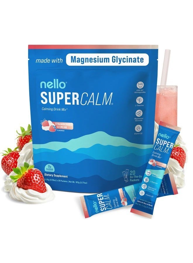 Nello Supercalm Powdered Drink Mix, Cortisol Reducer*, Sleep Aid Supplement, L Theanine, Ksm-66 Ashwagandha, Magnesium Glycinate, Vitamin D 3, No Sugar, Non GMO, 20 Ct, Strawberries & Cream - Image 3