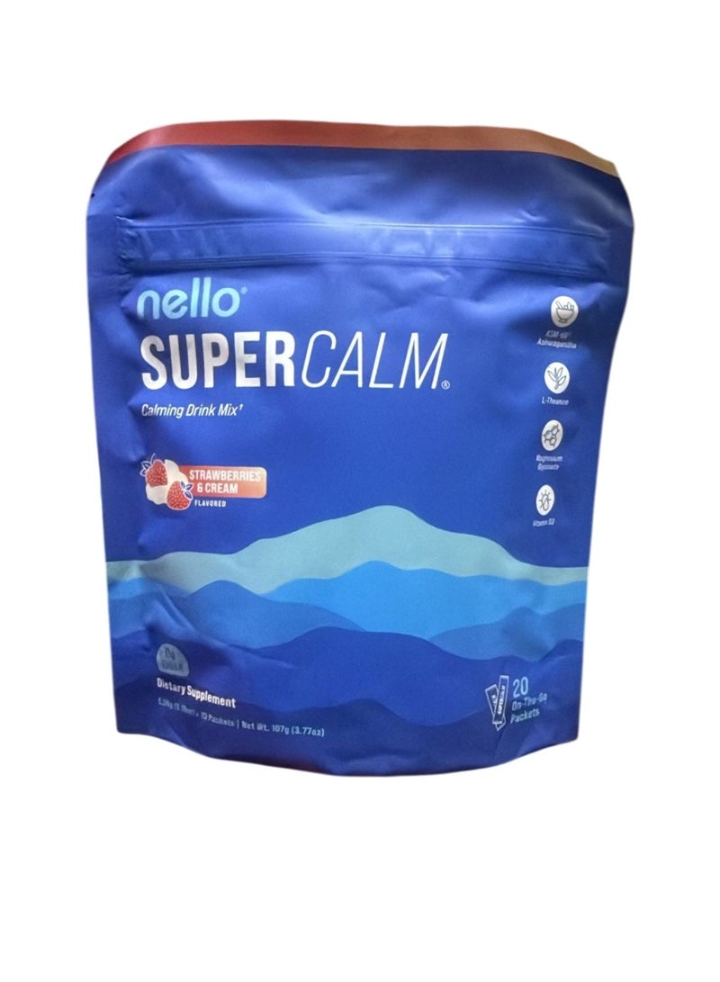 Nello Supercalm Powdered Drink Mix, Cortisol Reducer*, Sleep Aid Supplement, L Theanine, Ksm-66 Ashwagandha, Magnesium Glycinate, Vitamin D 3, No Sugar, Non GMO, 20 Ct, Strawberries & Cream - Image 1