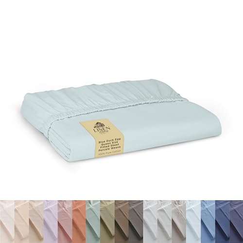 Linen Home 100% Cotton Percale Weave Fitted Sheet, Queen Size, Blue Duck Egg, 1 Deep Pocket Fitted Sheet, Fits Mattress Upto 16" Crisp and Cool Strong Bed Linen, 60"X80"+15"