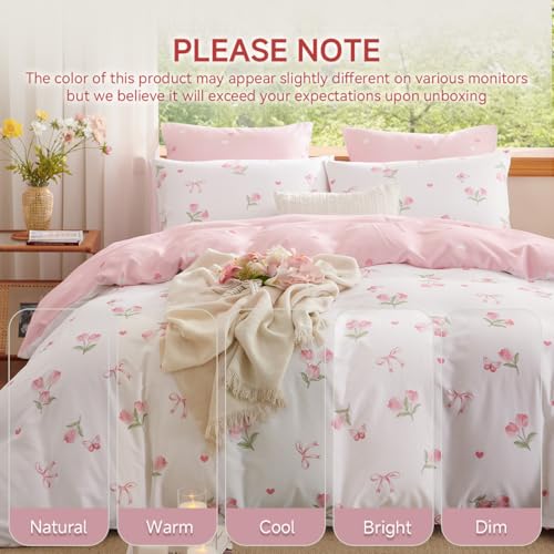Erwinmu Floral Duvet Cover Set Twin Size,Pink Tulip Bow Ties Reversible Bedding Set with Heart Pattern for Girls Kids,Romantic Microfiber Comforter Cover 2Pcs with Zipper Closure and 1 Pillowcase - Image 5