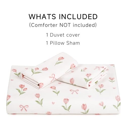 Erwinmu Floral Duvet Cover Set Twin Size,Pink Tulip Bow Ties Reversible Bedding Set with Heart Pattern for Girls Kids,Romantic Microfiber Comforter Cover 2Pcs with Zipper Closure and 1 Pillowcase - Image 4