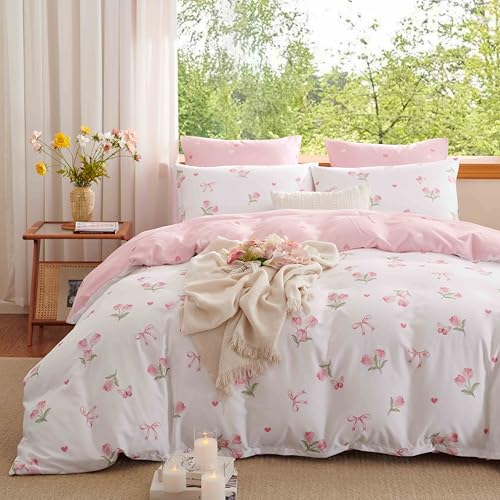 Erwinmu Floral Duvet Cover Set Twin Size,Pink Tulip Bow Ties Reversible Bedding Set with Heart Pattern for Girls Kids,Romantic Microfiber Comforter Cover 2Pcs with Zipper Closure and 1 Pillowcase - Image 1