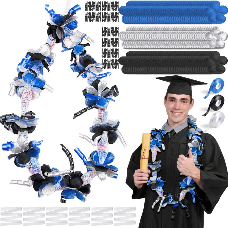 Unittype 6 Sets 2025 Graduation Candy Lei Making Kit DIY Lei Netting Tubing Include 5 ft Mesh Bag 3 Rolls of 98 ft Ribbon 216 Pcs Flower Pieces for Grad Party SuppliesGold Silver Gray Black