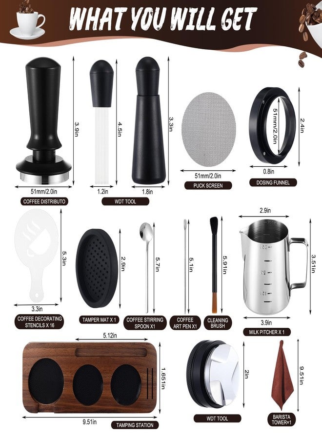 Ferrochef 13 Pcs Espresso Accessories Set 51mm Tamper WDT Espresso Distribution TOOL Kit Frothing Pitcher, Mat, Latte Art Pen, Sandalwood Tamping Station, Barista Towel, Brush and Decorative Stencils - Image 2