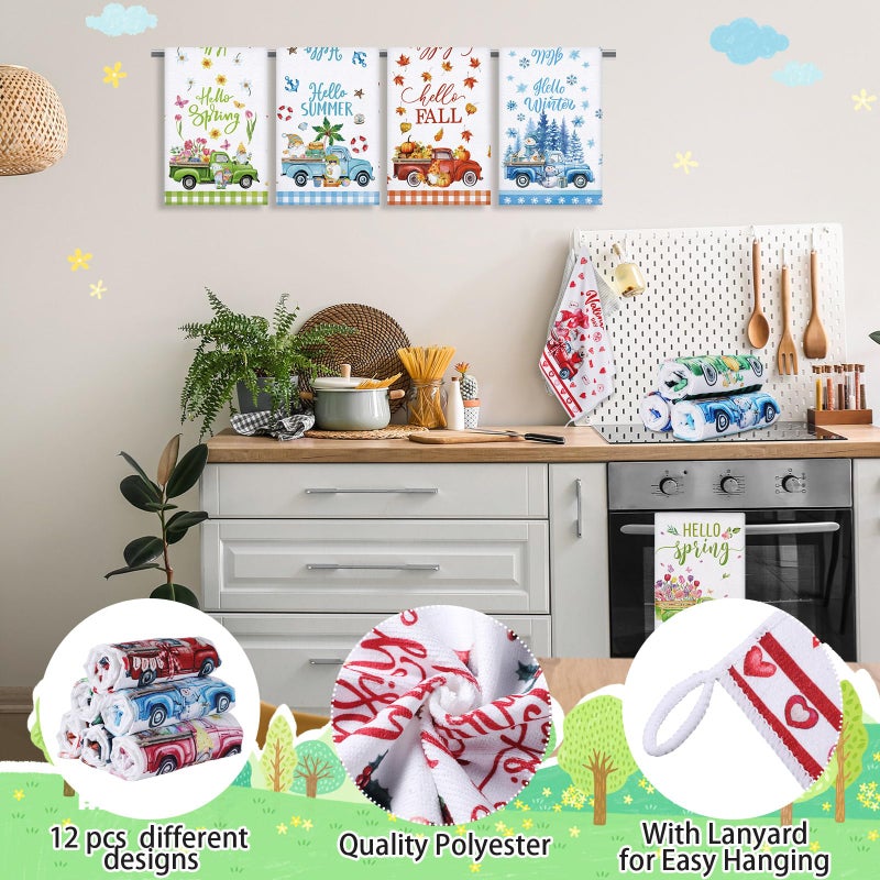 FuWeave 12 Pcs Seasonal Kitchen Towels Set for All Holidays Spring Easter Irish Hand Dish Tea Towels Bulk Absorbent Dishcloths Housewarming Gift for Cooking Kitchen Bathroom(Truck Style) - Image 3