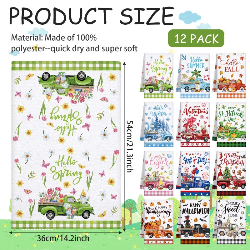 FuWeave 12 Pcs Seasonal Kitchen Towels Set for All Holidays Spring Easter Irish Hand Dish Tea Towels Bulk Absorbent Dishcloths Housewarming Gift for Cooking Kitchen Bathroom(Truck Style) - Image 2