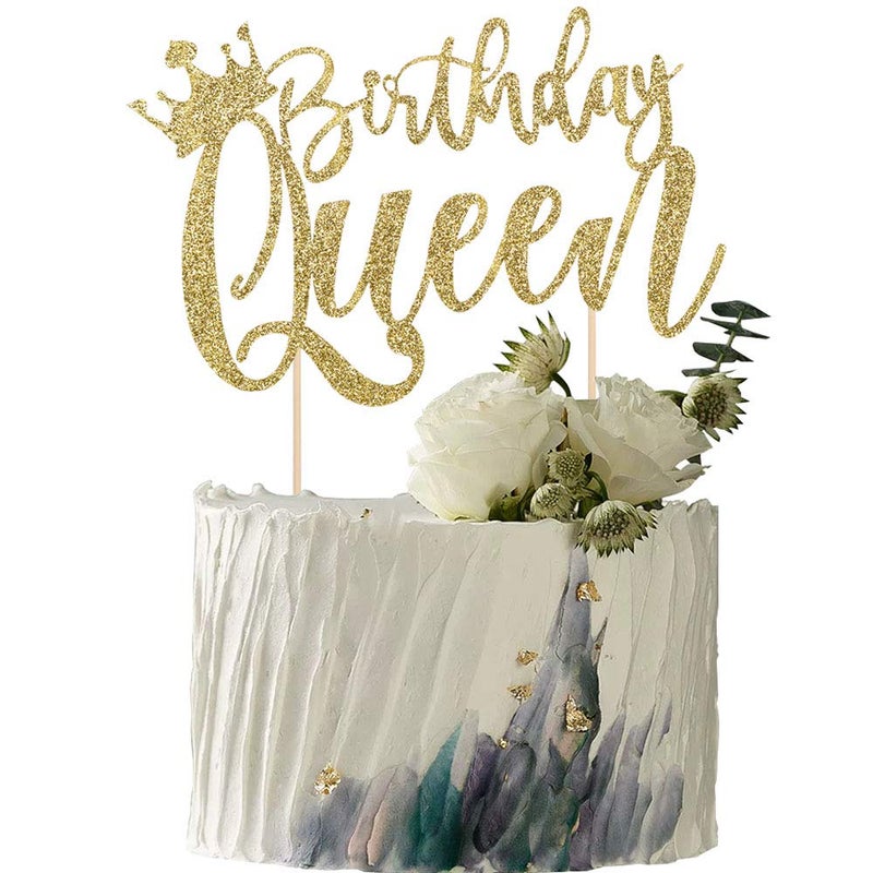 YUINYO Handmade Glitter Queen Birthday Cake Topper  Happy Birthday Cake Bunting Decor  Birthday Party Decoration Supplies (Gold) - Image 1