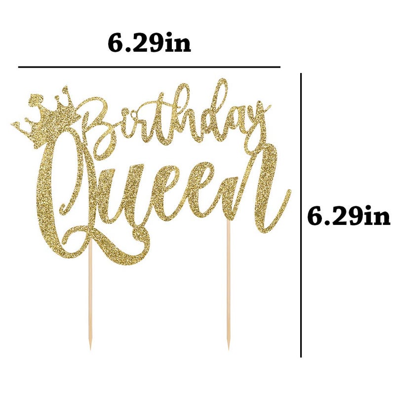 YUINYO Handmade Glitter Queen Birthday Cake Topper  Happy Birthday Cake Bunting Decor  Birthday Party Decoration Supplies (Gold) - Image 2