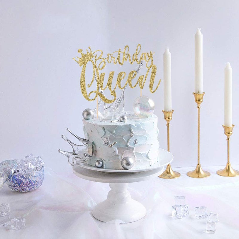 YUINYO Handmade Glitter Queen Birthday Cake Topper  Happy Birthday Cake Bunting Decor  Birthday Party Decoration Supplies (Gold) - Image 3