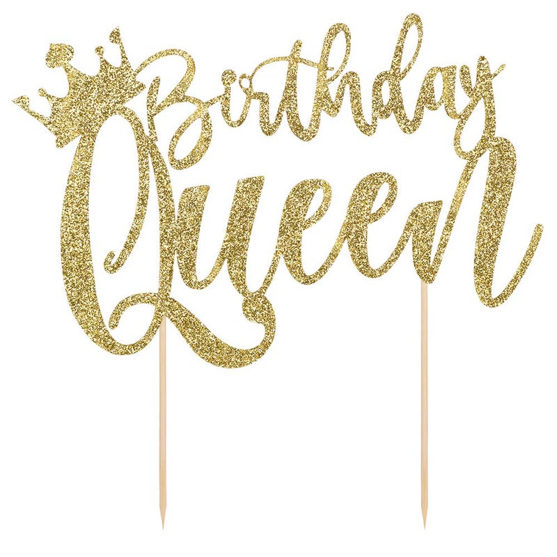 YUINYO Handmade Glitter Queen Birthday Cake Topper  Happy Birthday Cake Bunting Decor  Birthday Party Decoration Supplies (Gold) - Image 4