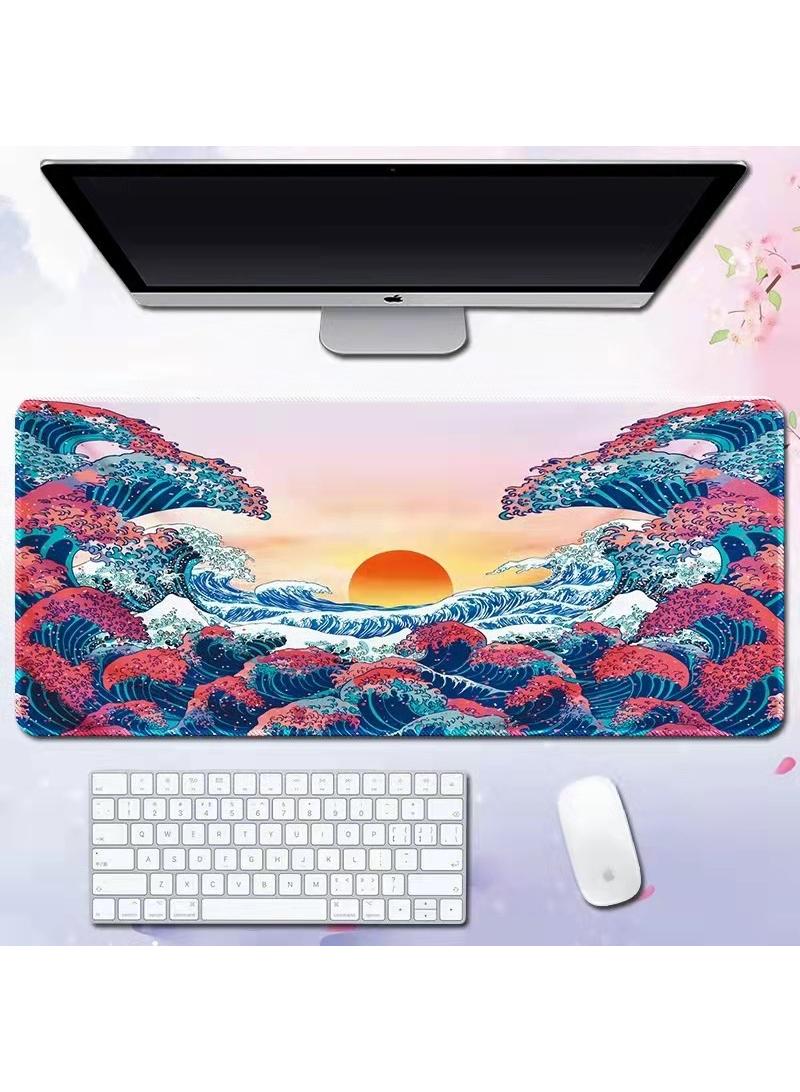 Loquat Sea Wave Pattern For Esports Games Gaming Mouse Pad Extended Large Mat Desk Pad Stitched Edges Mousepad Long Mouse Pad And Non-Slip Rubber Base Mice Pad 800X300X4mm  - Image 1