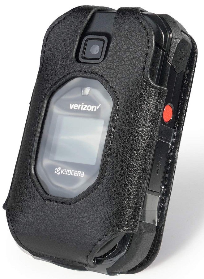 نيكيد سيل فون جراب Nakedcellphone المتوافق مع هواتف Kyocera DuraXV Extreme و DuraXE Epic و DuraXA Equip، غطاء من الجلد النباتي الأسود مع [حماية مدمجة للشاشة] و[مشبك حزام معدني] لهواتف E4810/E4811/E4830/E4831 - Image 1