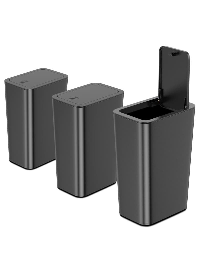 Deli 3-Pack 10L Small Trash Can with Pop-Up Lid – Bathroom & Kitchen Waste Baskets for Bedroom, Office, College (Black) - Image 1