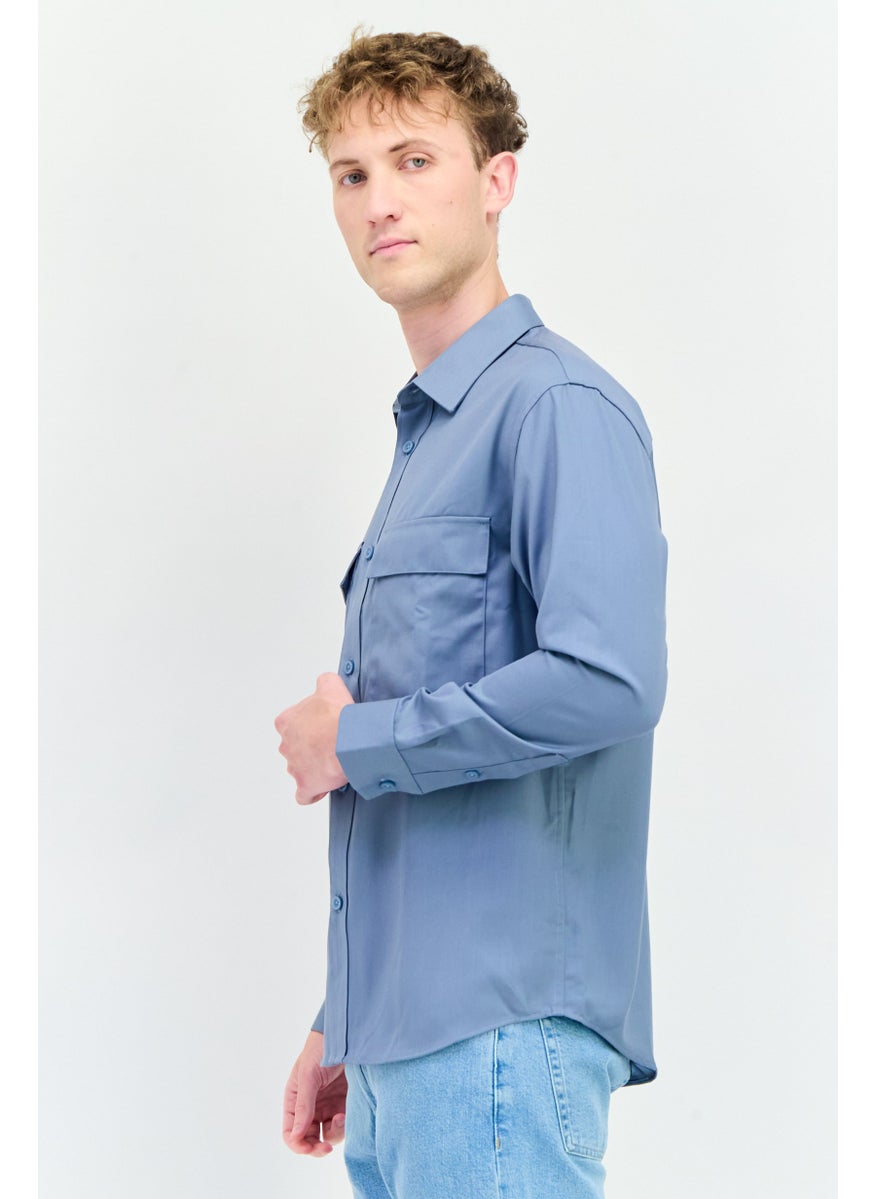 SELECTED - Men Drop Shoulder Fit Plain Long Sleeves Casual Shirt, Blue - Image 1
