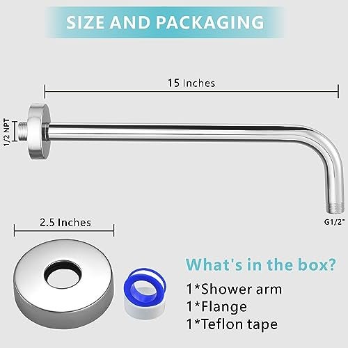 Nuodan Shower Arm with Flange, 15 Inches Wall Mount Replacement Extension Showerhead Arm For Fixed Shower Head, Chrome - Image 2