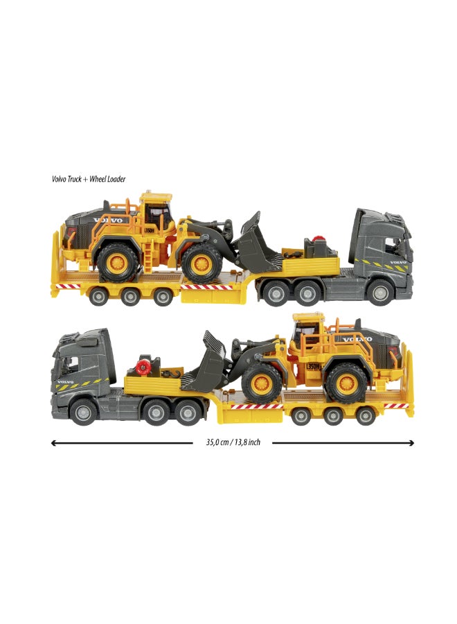 Majorette Volvo FH16 Truck + Wheel Loader, 35 cm Construction Transporter Set with Trailer and Volvo Wheel Loader,Free Wheel, Towing Winch, Fold-Out Ramp, Movable Bucket, Ages 3+ - Image 2