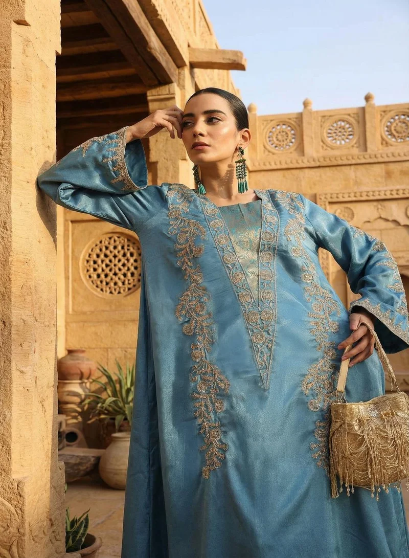 آي شين عباية مطرزة منسوجة زرقاء عادية