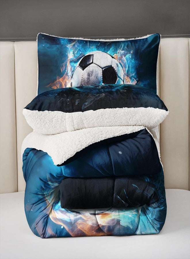 UEVBF Soft and Plush Reversible Micromink and Sherpa Comforter with 2 Pillowcases,Boys Soccer Bedding Twin Size Comforter Set,Sport Themed Fuzzy Comforter for Kids Room Decor. - Image 5