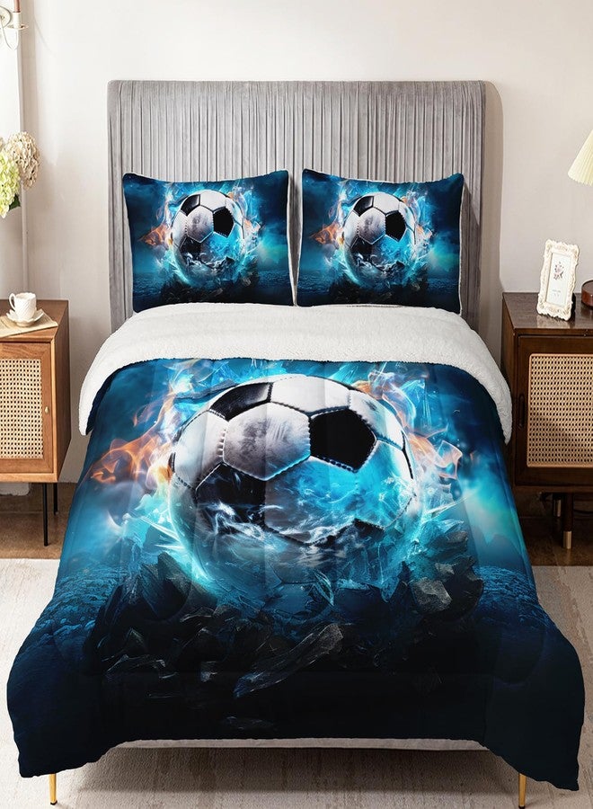 UEVBF Soft and Plush Reversible Micromink and Sherpa Comforter with 2 Pillowcases,Boys Soccer Bedding Twin Size Comforter Set,Sport Themed Fuzzy Comforter for Kids Room Decor. - Image 3