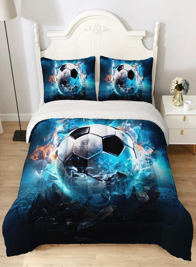 UEVBF Soft and Plush Reversible Micromink and Sherpa Comforter with 2 Pillowcases,Boys Soccer Bedding Twin Size Comforter Set,Sport Themed Fuzzy Comforter for Kids Room Decor. - Image 1