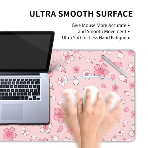 aportt Pink Cherry Blossom Gaming Mouse Pad XXL Cute Anime Aesthetics Floral Extended Kawaii Flowers Large Mousepad Non-Slip Rubber Base Stitched Edge Keyboard Desk Pad Playmat for Computer,35.4×15.7 in - Image 4