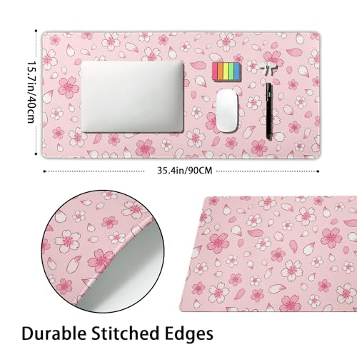 aportt Pink Cherry Blossom Gaming Mouse Pad XXL Cute Anime Aesthetics Floral Extended Kawaii Flowers Large Mousepad Non-Slip Rubber Base Stitched Edge Keyboard Desk Pad Playmat for Computer,35.4×15.7 in - Image 2