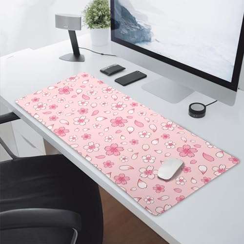 aportt Pink Cherry Blossom Gaming Mouse Pad XXL Cute Anime Aesthetics Floral Extended Kawaii Flowers Large Mousepad Non-Slip Rubber Base Stitched Edge Keyboard Desk Pad Playmat for Computer,35.4×15.7 in - Image 5