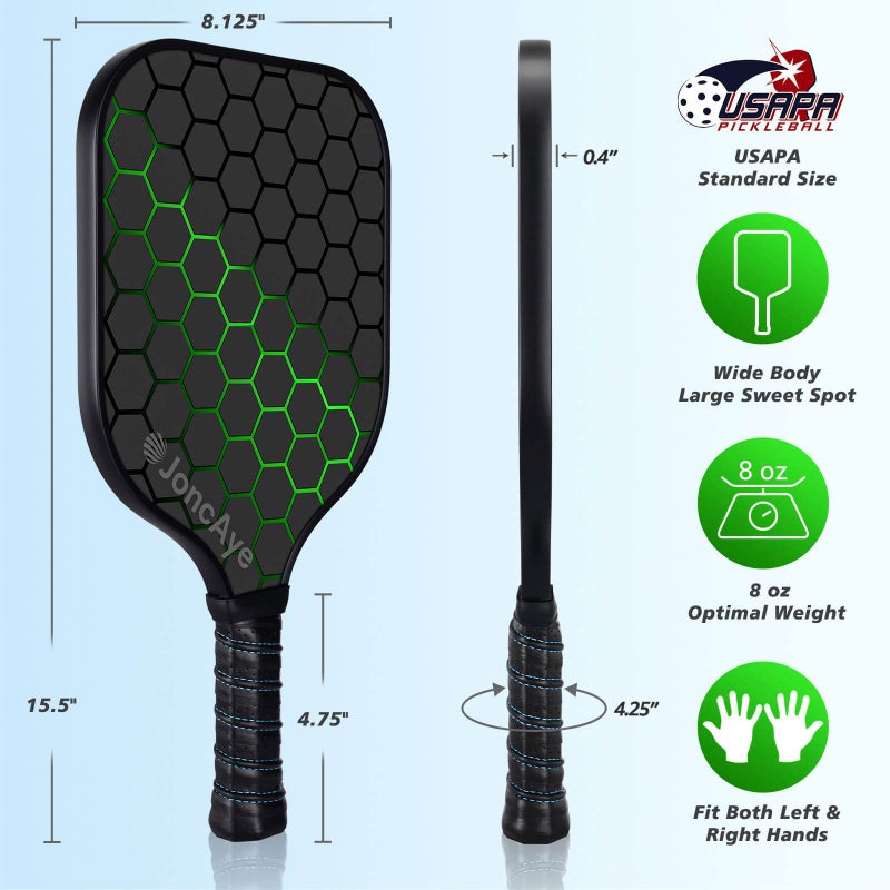 JoncAye Pickle-Ball Racket Set of 2 or 4, Fiberglass Graphite Paddles for Beginners Intermediate, USAPA Approved Pickleball Gear with Balls, Portable Bag, Grip Tape, Comfy Grip for Adults Kids - Image 5