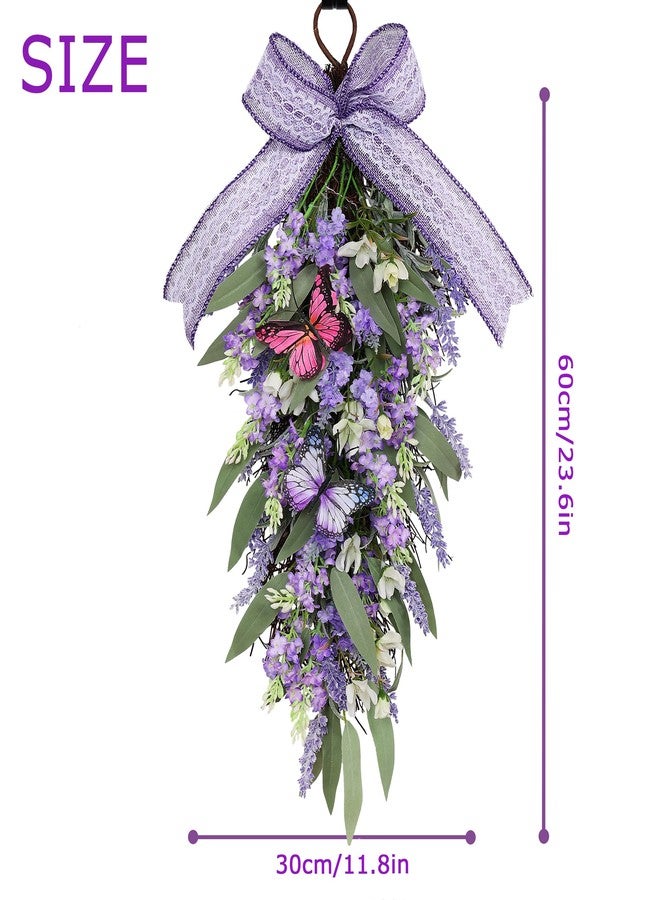 Jusdreen Artificial Lavender Flowers with LED Lights, Purple Artificial Flowers with Butterfly, Teardrop Flower Wreath for Front Door Decor for Home Windows Wall Farmhouse Wedding Party - Image 2