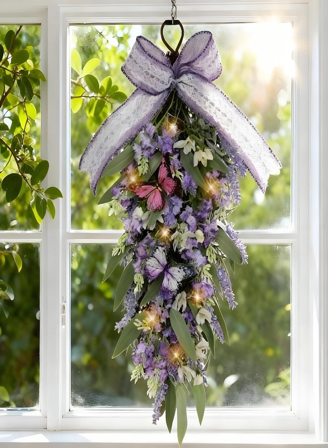 Jusdreen Artificial Lavender Flowers with LED Lights, Purple Artificial Flowers with Butterfly, Teardrop Flower Wreath for Front Door Decor for Home Windows Wall Farmhouse Wedding Party - Image 5