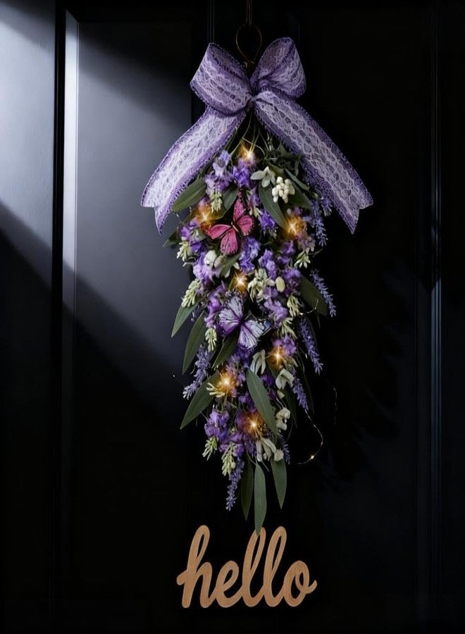 Jusdreen Artificial Lavender Flowers with LED Lights, Purple Artificial Flowers with Butterfly, Teardrop Flower Wreath for Front Door Decor for Home Windows Wall Farmhouse Wedding Party - Image 4